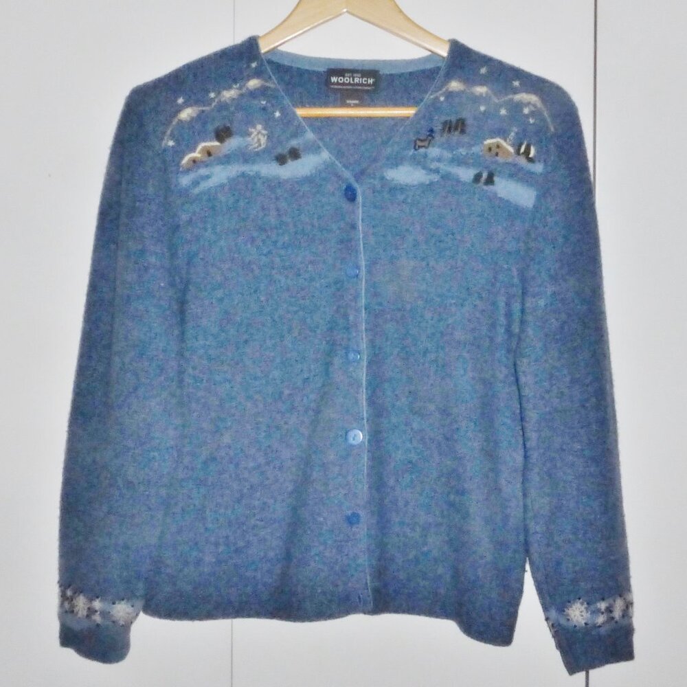 Vintage Woolrich 100% Lambs Wool Embroidered Sweater Indigo Heather Ski Deer LG